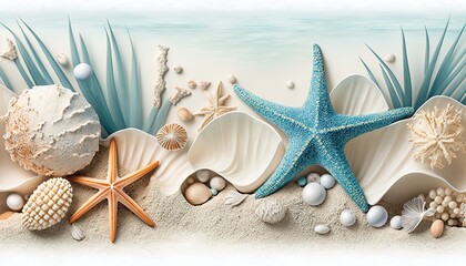 Summer travel background from beach sand with starfish and seashell. Top view.