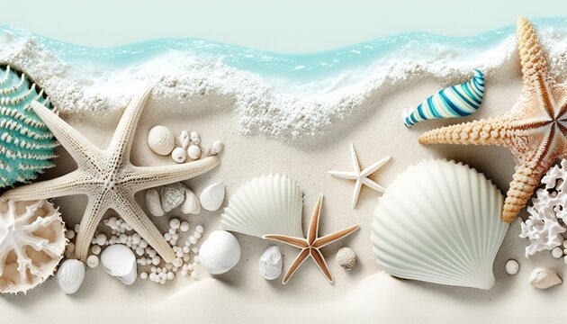 Summer travel background from beach sand with starfish and seashell. Top view.
