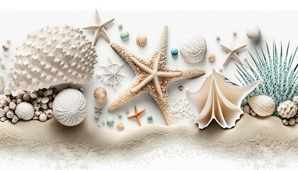 Fototapeta na wymiar Summer travel background from beach sand with starfish and seashell. Top view.