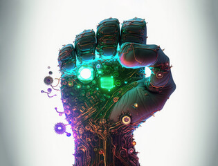 Cyber hand with microchips and microcircuitry neon glowing, reliable computer service of system administration and information technology concept. Neon glowing cyberpunk hand, generative AI