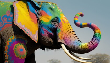 Decorated elephant with colorful ethnic images, Holi colors festival in India, elephant painted multicolored patterns. Close up elephant portrait, decoration for Holi celebration, generative AI