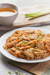 Chicken chow popular oriental dish with noodles and vegetables