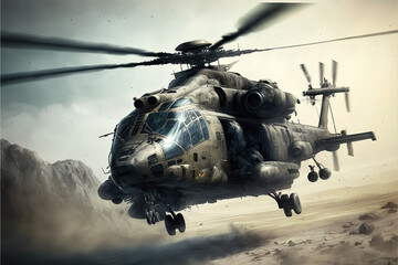 Ilustraci&oacute;n de un helic&oacute;ptero de guerra en pleno vuelo entre las monta&ntilde;as, Genereative AI