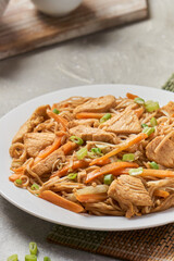 Chicken chow popular oriental dish with noodles and vegetables