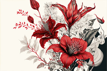 Ilustración de flores rojas sobre fondo blanco, Genereative AI - obrazy, fototapety, plakaty