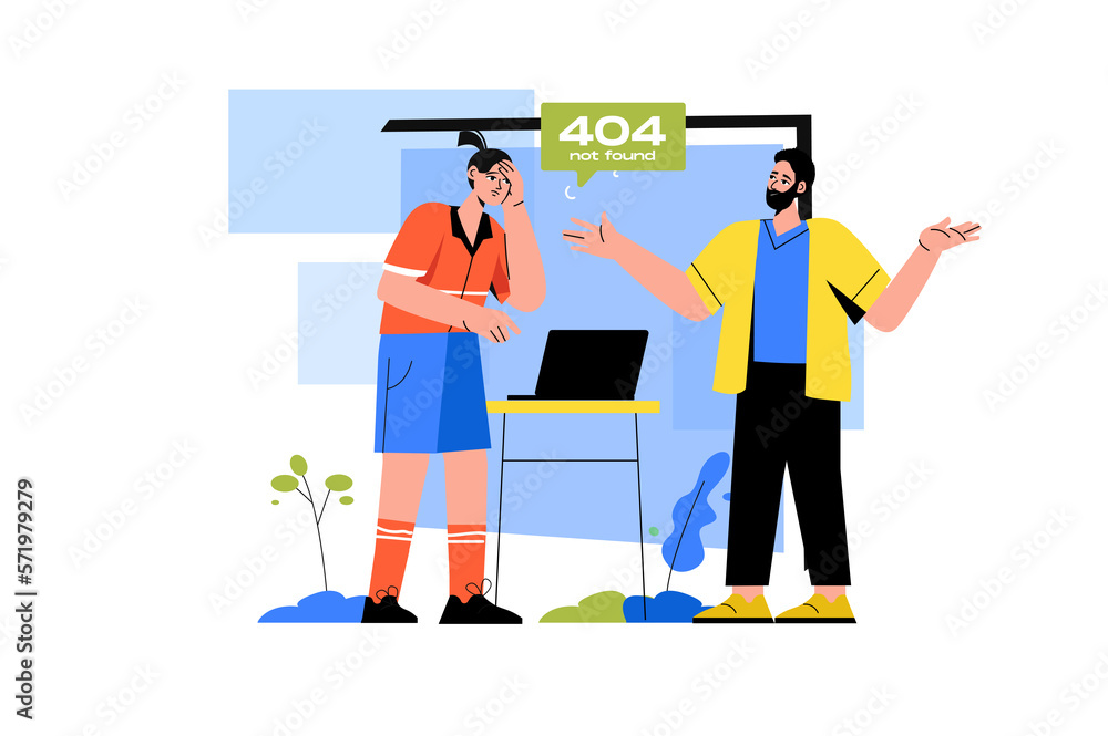 Aufkleber 404 not found color concept with people scene in the flat cartoon style. two programmer discuss how 