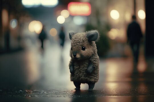 A Cute Rodent Animal, Bundled Up In A Coat, Standing Alone On A Pitiful Street. Ai Generated