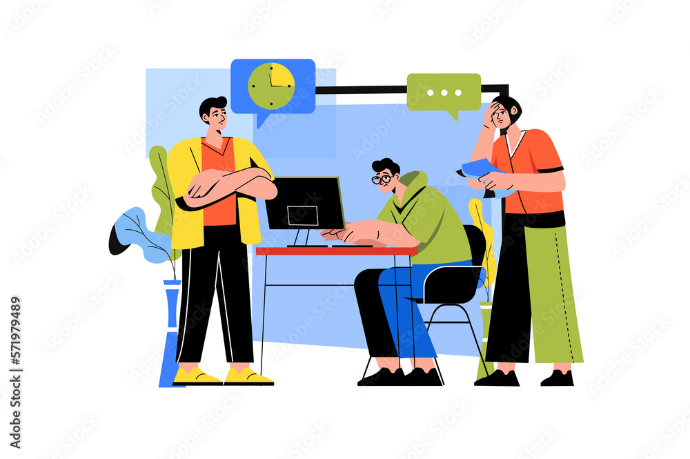 Poster color concept deadline with people scene in the flat cartoon style. team of workers makes every effo