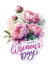 Women's day greeting card Vector stock flower illustration, Pink peony on a white background. Watercolor style