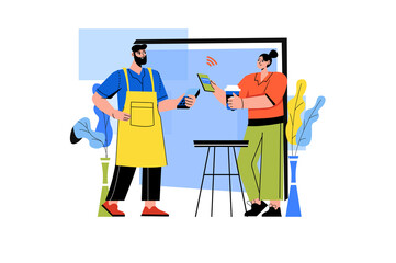 Pay pal color concept with people scene in the flat cartoon design. Woman pays for coffee in a cafe using online banking.