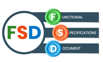 FSD - Functional Specifications Document acronym. business concept background. vector illustration concept with keywords and icons. lettering illustration with icons for web banner, flyer