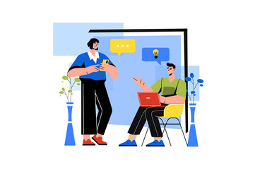 Color concept Freelance with people scene in the flat cartoon design. Man with his girlfriend work at home and earn money on the smartphone and laptop.