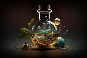 fruits and flowers mixed in a potion to create homeopathic remedies. Ai generated