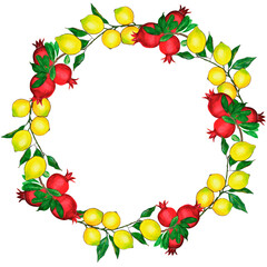 Hand-painted art template with red pomegranates, lemons and green leaves. Suitable for social media posts, postcards, invitations, mobile apps, banners design and web ads, prints and more. 