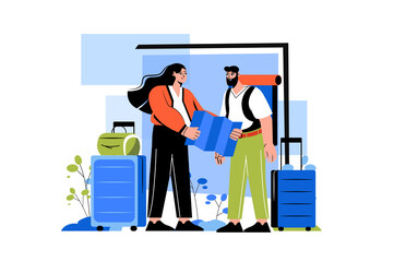 Travel color concept with people scene in the flat cartoon style. Young couple choose a new country on the map which they would like to visit.