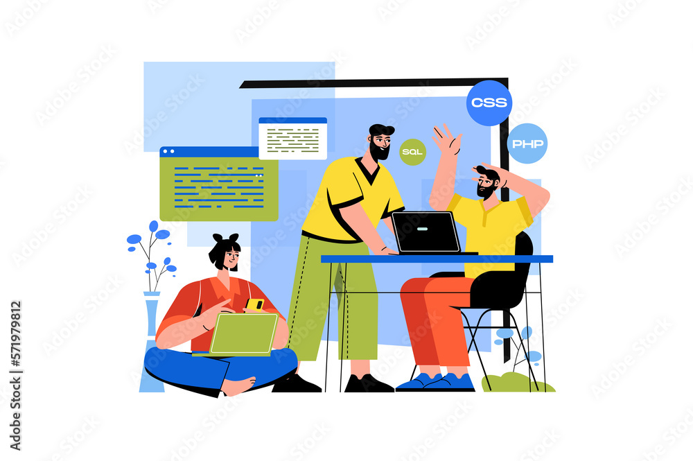 Poster coding color concept with people scene in the flat cartoon style. team of programmers work on the cr