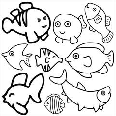 fish doodle icon set vector illustration, suitable for sticker pack, icon, logo and graphic design elements.