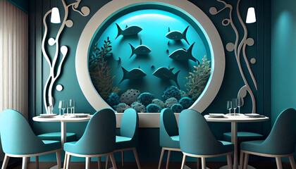 Clean decorated restaurent in underwater Image created with Generative AI technology