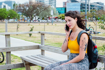 young busy traveler woman planning for a phone call