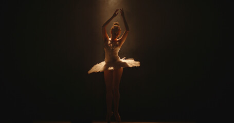 Beautiful caucasian ballet dancer performing, dancing and spinning on stage, spotted by searchlight...