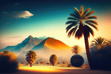 Sunset Over The Desert Oasis