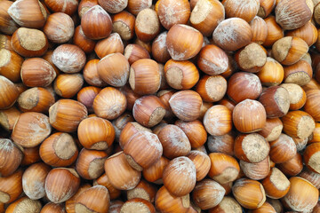 Stack of hazelnuts on a market stall