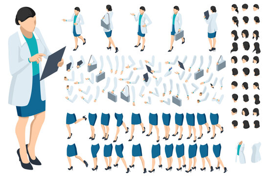 Isometric brown-haired woman character constructor. Front and back view. Various options for hairstyle, clothes, accessories and gadgets, legs, and arms moves.Businesswoman character design