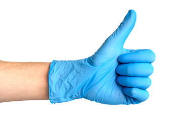 A man's hand in a medical blue glove isolated on a white background