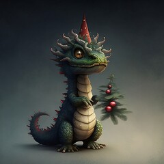 Fototapeta premium Little funny dragon and christmas tree