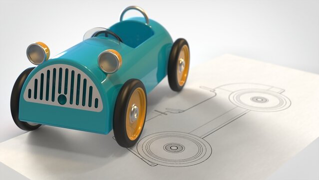Toy car laid on its blueprint, 3d rendering.