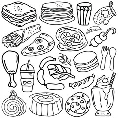 Food doodle icon set vector illustration. Suitable for sticker pack, logo, icon and graphic design elements