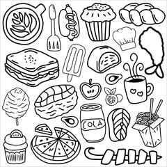 Food doodle icon set vector illustration. Suitable for sticker pack, logo, icon and graphic design elements