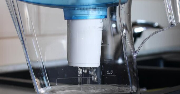 The water is filtered in a filter jug and drips through the filter, purified water for drinking