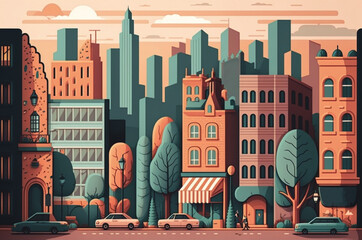 Illustration about a lively cityscape in the sunset