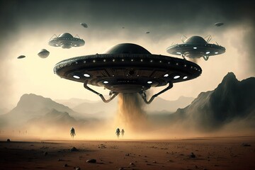 Fototapeta na wymiar UFOs hovering over a desert with aliens, generative ai