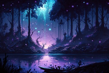 A magical, dark purple forest surrounding a serene lake, generative ai