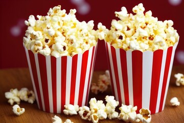 Classic Red and White Popcorn Cup with Freshly Popped Golden Kernels - Perfect Snack for Movie Nights, Parties, and More - High-Quality Photo for Marketing and Advertising Use