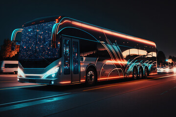 A stunning neon-lit bus with a colorful design driving through the city at night, generative ai