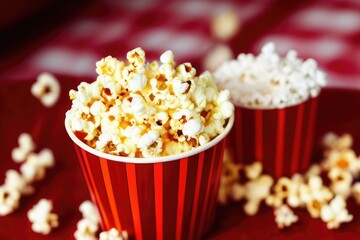 Fototapeta na wymiar Classic Red and White Popcorn Cup with Freshly Popped Golden Kernels - Perfect Snack for Movie Nights, Parties, and More - High-Quality Photo for Marketing and Advertising Use