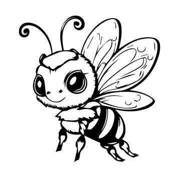 cartoon bee in black and white style for coloring. Vector illustration