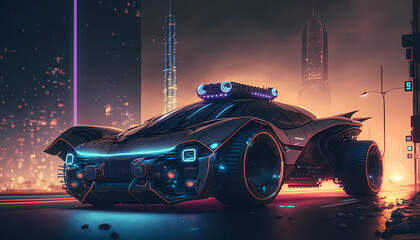 Black futuristic sleek sportscar, speeding along skyscrapers, generative AI