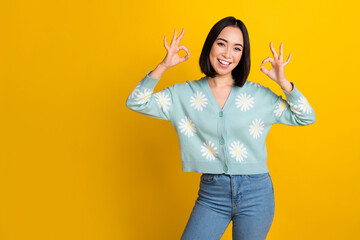 Photo of optimistic pretty japanese girl wear blue daisy ornament jumper show okay sign approve...