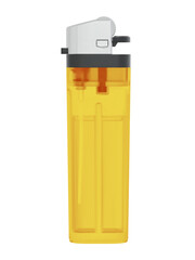 Plastic transparent classic lighter with lit fire. Vector illustration on checkered background