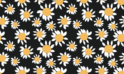 Seamless bright pattern with daisies on a dark (black background). Contrasting floral print. Abstract botanical print for elegant design, fabrics, prints... Vector.