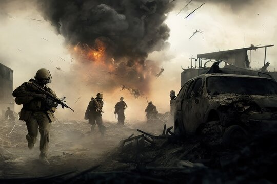Call of Duty soldiers Running and taking cover from an Explosion in the background. Generative AI