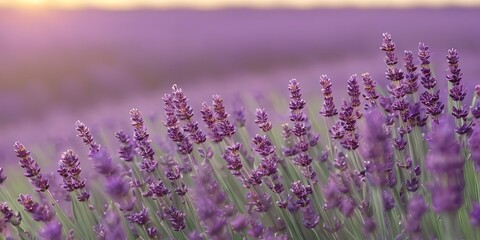 Obraz premium Lavender meadow at dusk, warm lighting, atmospheric shot of lavender flowers. Generative AI