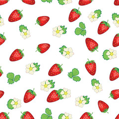 Seamless pattern with strawberries, berries and flowers. Sweet food repeat fabric background. organic fruits