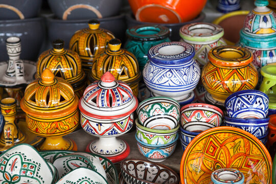 Rows of earthenware for sale at a Moroccan souk