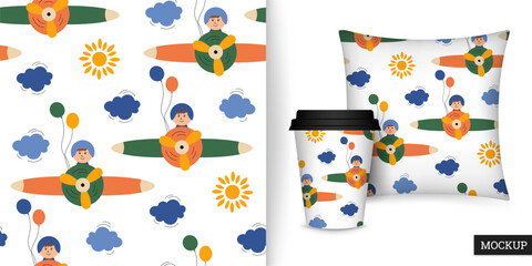 Seamless pattern with airplane, clouds and sun. Childish background with cartoon boy in the airplane and balloons. Vector illustration in flat style. Design for textile, paper, fabric. Mockup.