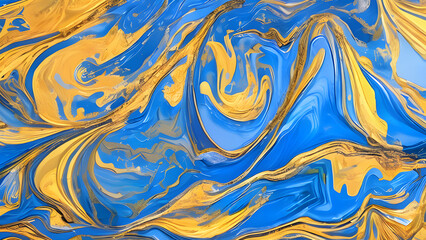 Illustration of abstract blue and gold ink flowing. Generative AI Art.